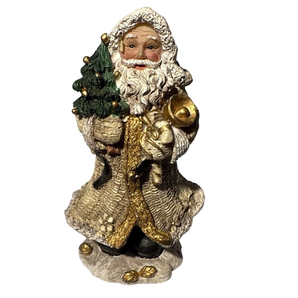 Abbott Collection Santa Claus Figurine Old World Santa Holding Tree & Bell Gold